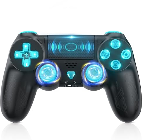 Gamrombo Mando para PS4, Mando Inalámbrico con Luces para PS4/Pro/Slim/PC, Batería de 1000mAH, Doble Vibración, Giroscopio, Conector de Audio 3.5mm, Agarre Antideslizante, Ergonómico