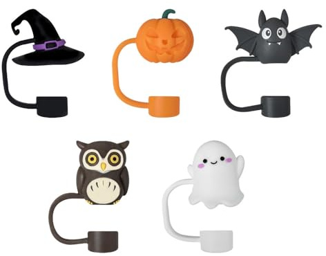 Halloween Abdeckkappe für Strohhalme, 5 Stück Silikon Strohhalm Abdeckung, wiederverwendbar süßer Fledermaus-Geister-Strohhalmschutz für 10 mm Strohhalm, Halloween-Dekorationen