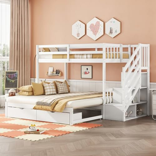 KUAKE Etagenbett 90 x 200cm, Mit Ausziehbett, Bett mit Lattenrost, Speicherbare Schritte, Zwei Schubladen, Kiefernholz, Weiß