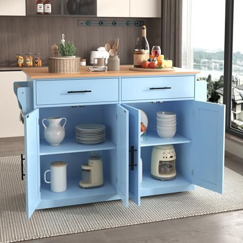 Merax Kücheninselwagen mit abklappbarer Arbeitsplatte, Küchenschrank auf Rollen mit 2 Schubladen & 4 Türen, Esszimmer bewegliche Kücheninsel, für Küche und Esszimmer, 120x46(70) x91 cm/Blau
