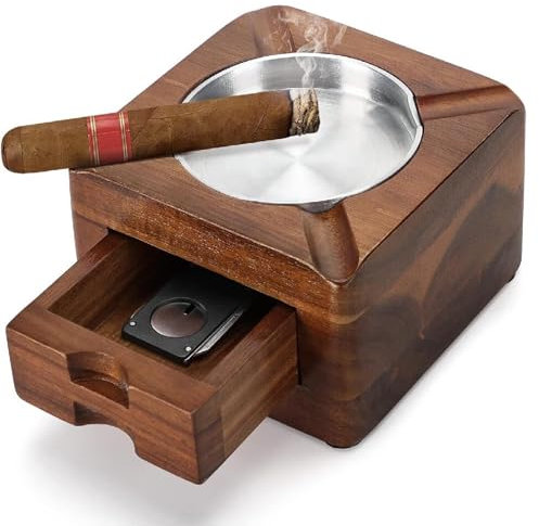 Holz Zigarren Aschenbecher 4 Schlitzen, Quadratischer Aschenbecher Aschenbecher für Draußen Unterwegs mit Abnehmbarer Aschenbecher Schublade Heimbüro, personalisierte Zigarren-Geschenke für Männer