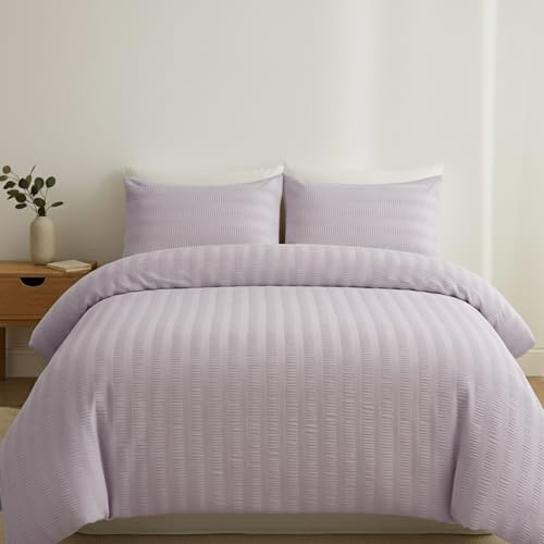 Q & H QUALITY HOUSEHOLD Q&H - Seersucker Duvet Cover Set With Pillow Pair Cases - Ultra Soft Comfy Polycotton Duvet Bed Set - Machine Washable & Breathable Comforter Sets (Lilac, King (225x225cm)