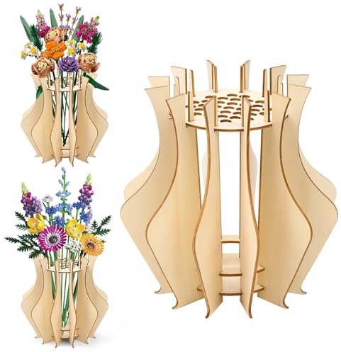 Holzvase Vase für Lego Blumen, 3D Holz-Puzzle Vase für Lego Blumenstrauß, Blumenvase für Rosen, Tulpen, Orchideen und Lotusblumen