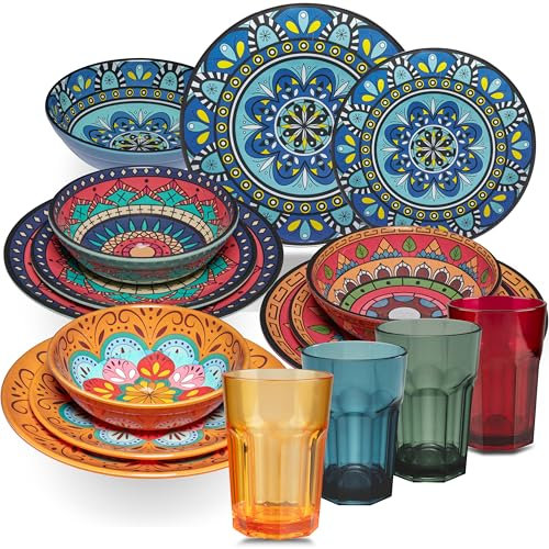 Melamin Geschirr Set Toskana Pastel für 4 Personen - 16 Teile - BUNT - Mandala-Optik mit farblich passenden Trinkgläsern 400 ml aus Acryl Essgeschirr Zubehör Campinggeschirr Wohnwagen Camping