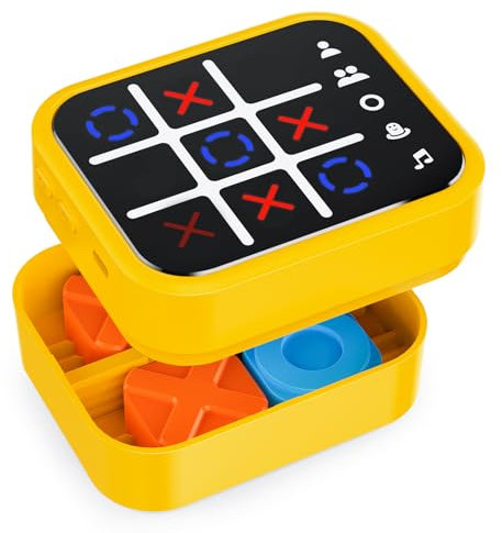 Anoawens Wiederaufladbare Tic Tac Toe Spiel Box mit 5 Spaß Gehirn und Gedächtnis Spiele, Handheld Puzzle Spielkonsole, Tragbare Reise Spiel Altersgruppen 3+ (Gelb)