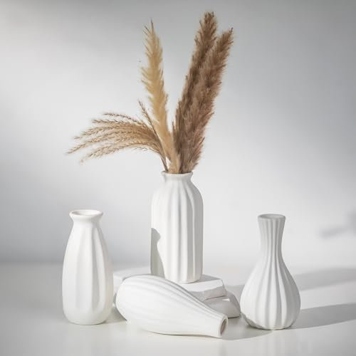 NUPTIO Klein Weiß Keramik Vase: Boho Blumen Vasen für Wohnzimmer Regal Couchtisch Deko - Modern Geripptes Blumenvase für Hochzeit Esstisch Tischdeko 4er Set