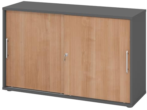 bümö Schiebetürenschrank 2OH - Aktenschrank abschließbar, Sideboard Schrank mit Schiebetüren in Graphit/Nussbaum, Relinggriff - Büroschrank aus Holz mit Schiebetür, Büro Kommode für Ordner & Co.