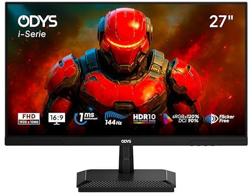 ODYS i27-F-144 Gaming Monitor – 27 Zoll (69 cm) Full HD (1920x1080), 144 Hz, 1ms, IPS-Panel, Adaptive Sync, HDR10, 120% sRGB, HDMI 2.1, DisplayPort, Flicker-Free