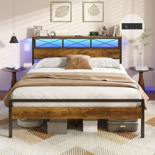 DICTAC Bettgestell 140x190 cm Doppelbett – Modernes Metallbett mit LED-Beleuchtung, USB+USB-C Ladestation & 2 Steckdosen – Bett mit Kopfteil und Stauraum (140x190, inkl. Metal Lattenrost)