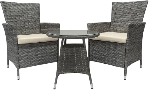 CLP Gartenmöbel-Set Fireda, 3-teilige Sitzgarnitur, aus PE-Rattan, mit Couchtisch, inkl. Sitzkissen & Tischplatte aus Sicherheitsglas, Farbe:grau-meliert