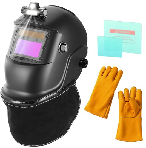 BOSYTRO Welding Mask with Light, Auto Darkening Solar Powered Welder Helmet with 2 Replacement Lens + Welding Gloves+ Welding Gloves+Genuine Leather Neck Protector, Adjustable Shade 9-13 for TIG MIG
