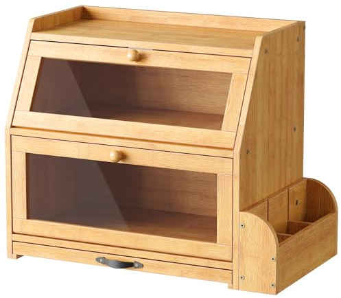 HOOBRO Portapane in bambù a 2 Livelli con Tagliere e Portaposate, Contenitore per Pane con Doppio Sportello a Ribalta in Acrilico Trasparente, per Cucina e Sala da Pranzo, Colore Naturale EYL23MB01