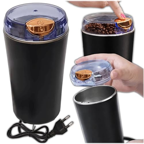 KRUMAD Elektrische Kaffeemühle 250W, Kaffeemühle elektrisch für Kaffeebohnen & Gewürze, Edelstahl Grinder mit One-Touch-Bedienung, kompakte Kaffee- & Gewürzmühle für Haushalt