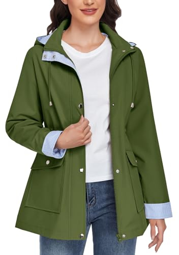 CMTOP Waterproof Jacket for Women Lightweight Hooded Jackets Casual Softshell Jacket with Striped Lining Functional Outdoor Windbreaker Breathable Rain Coat with Pockets