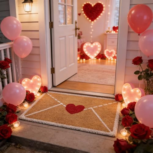 Valentine's Day Red Heart-Shaped Envelope Outdoor Faux Coconut Fiber Doormat, Valentines Day Pink Door Mat, Heart-Shaped Envelope Coir Mats, Wear-Resistant Linen Valentine Rug Outdoor (A,40*60cm)