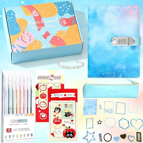wiksite Diary with Lock for Girls, 8 Set Journal with Combination Lock, Pens, Stickers and Gift Box, Secret Diary for Girls, Gift Ideas for Easter Birthday Back-to-School Age 6-15 - Blue Starlight