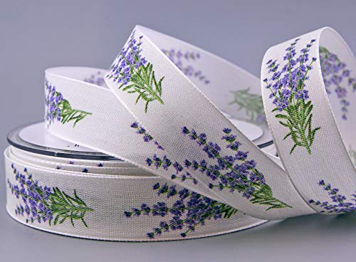 20 m x 25 mm Dekoband Lavendel Blumen Schleifenband Geschenkband Stoffband Band mit formstabilen Kanten Weiss Flieder Landhaus