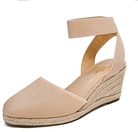 DREAM PAIRS Alpargatas con Punta Abierta para Mujer, Elegantes Sandalias sin Cordones con Plataforma, Correas elásticas en el Tobillo, Sandalias con tacón de cuña,Size 38.5,Desnudo,Amanda-1