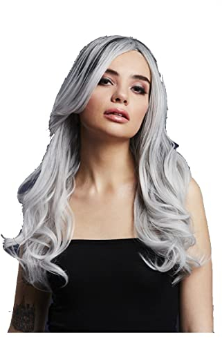 Smiffys Fever Khloe Perücke, einfarbig, Eissilber, Lange Wellen, Mittelscheitel, 56cm/22in