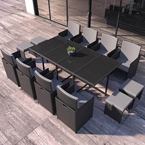 CONCEPT USINE - Salon De Jardin Florida 12 Personnes en Résine Tressée Noir - 1 Table en Verre - 8 Fauteuils - 4 Poufs - Coussins Gris - Encastrable, Résistant, Imperméable