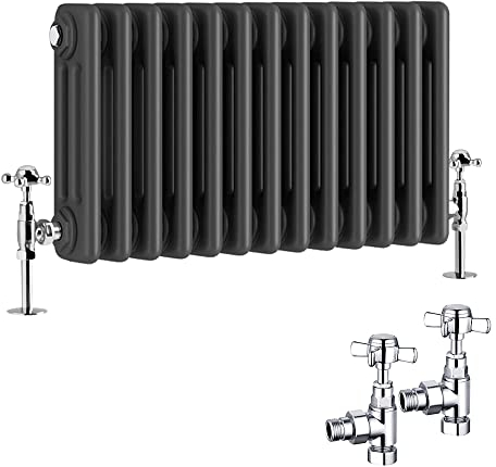NRG Traditional Radiator 300 x 605mm Horizontal Cast Iron Radiators Central Heating Anthracite Triple Column with Angled Pair of Valves