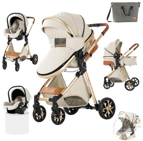 Prokoke Kinderwagen 3 in 1, Kinderwagen Set Einem Klick Faltbar, Kombikinderwagen 3 in 1 mit Umkehrbarem Zwei-Wege-Schub, Buggy Rahmen Aluminiumlegierung Baby Kleinkind Neugeborene (225 Creamy White)