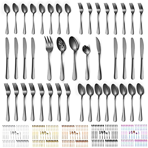 Kyraton Black Silverware Set 45 Pieces Service for 8, Titanium Black Plating Flatware Sets Cutlery Set, Spoons and Forks Silverware Dishwasher Safe, First Apartment Must Haves Utensils Set