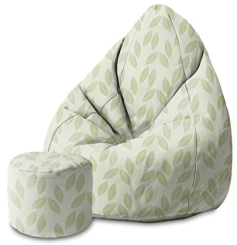 DreamRoots Sitzsack Erwachsene 80x80x120, Light Green Leaves | Bean Bag 80x80x120 cm mit Lehne, Hocker & Bezug, Sitzkissen Boden, Chill Bubibag, mit Füllung