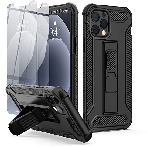 ORETECH für iPhone 12 Hülle, iPhone 12 Pro Hülle, mit [2 Stück Schutzfolie][Ständer], Handyhülle iPhone 12, Handyhülle iPhone 12 Pro, Stoßfest Schutzhülle Ganzkörperschutz Hülle iPhone 12, Schwarz
