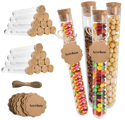 Acrebow 20 Stück Reagenzgläser Hartplastik mit Korken,Klar Plastik Reagenzgläser 150 x 16 mm, 20 ml mit Korken (20 Reagenzglas+30 Kraftpapieranhänger)