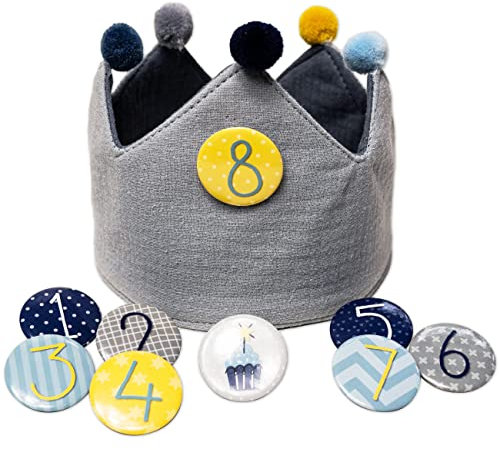 Papierdrachen Geburtstagskrone Musselin mit Zahlen - für den Kindergeburtstag - Krone aus Musselinstoff mit Button Zahlen von 1-8 | Grau l Set 6