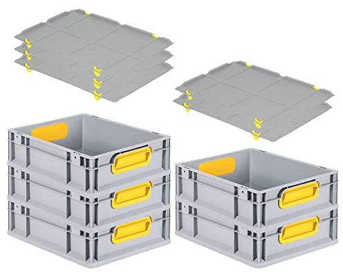 PROREGAL SuperSparSet 5x Eurobox NextGen Color mit Auflagedeckel & Schiebeschnappverschlüsse, HxBxT 12x30x40cm, 11L, Griffe gelb geschlossen, Glatter Boden, Eurobehälter Transportbox Transportbehälter