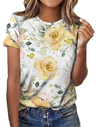 NQyIOS Women's Tunic Tops for Casual Flower Print Short Sleeve Crewneck T Shirt, Lightweight Tee, Tank Tops, Loose Fit, Round Neck, Plus Size, Long Length, Polyester, Spandex