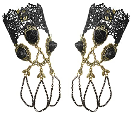 Aabellay Damen Fingerlose Spitzen Handschuhe Gothic Victorian Armbänder Retro Spitze Steampunk Gear Armkette Steampunk Armbänder Set Vintage Opern Handschuhe Halloween Braut Zubehör 1 Paar - S085