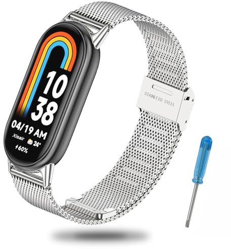 Xisair Armband Kompatibel mit Xiaomi Band 10/9 / 8 Edelstahl Metall Ersatzband für Miband 8/9/10 Armband Schnellverschluss, Wasserdicht, Atmungsaktiv, Männer, Frauen