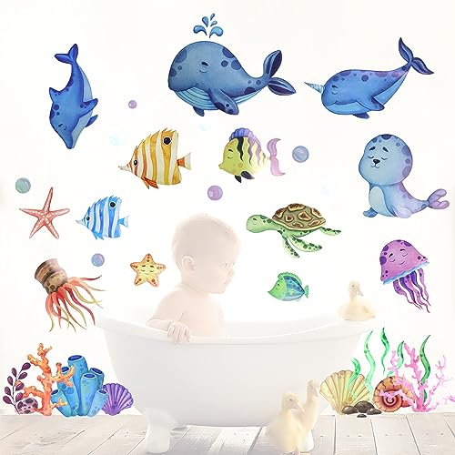 Wandtattoo Badezimmer Fensterbilder Meereswelt Wandaufkleber Meerestiere Selbstklebend Fensteraufkleber Fenstersticker Unterwasserwelt-Fensterbild für Kinderzimmer Schlafzimmer