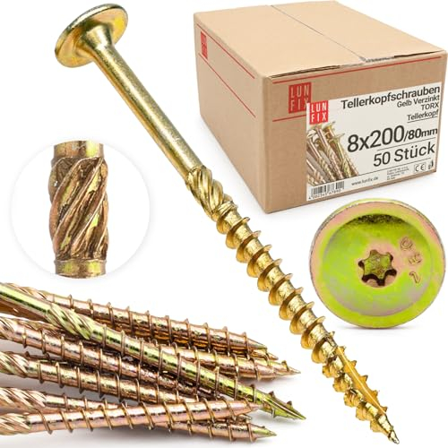 Lun Fix Viti a testa piatta, 8 x 200 mm, 50 pezzi, TX40, testa piatta/nervature per fresatura, zincate, viti Torx, viti per legno, viti a testa piatta per legno, viti da costruzione