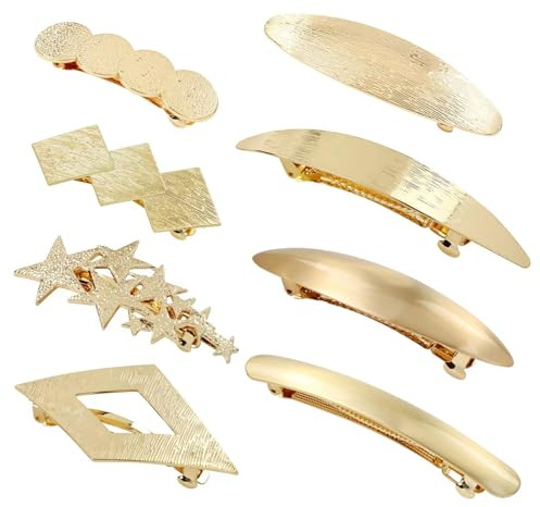 Dizila 8 Pieces Simple Rectangular Oval Star Gold Metal French Hair Barrettes Automatic Spring Snap Hair Clips Clamps Grips Accessories for Women Girls
