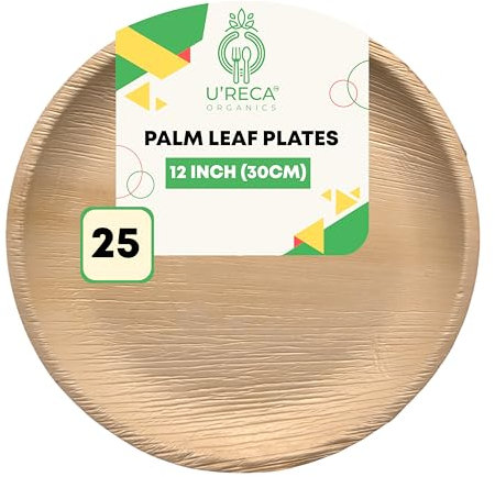 U'reca Organics Eco-Friendly Areca Palm Leaf Round Plates | 12 - Pack of 25 | Best for Dinner Parties, Buffet Spreads & Special Events | Heavy-Duty, Leakproof, Compostable