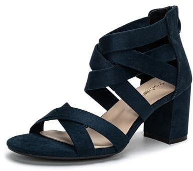 Rodawu Mid Chunky Heel Sandals for Women - Navy Ankle Strap Prom Bridal Wedding Shoes Size 4