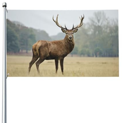 Majestätische Flagge mit rotem Hirsch im Wald, 90 x 60 cm, für Haus, Rasen, zum Aufhängen, Dekoration, Hofbanner, Urlaub, Willkommensflaggen mit 2 Metallösen, für den Innen- und Außenbereich