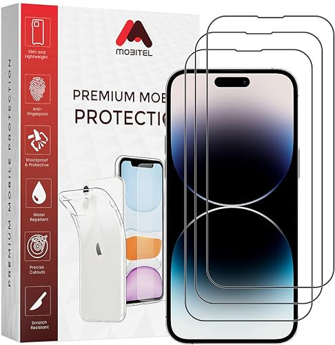 Mobitel 3-Pack Tempered Full Coverage Glass Screen Protector 9H Hardness Anti-Bubble Anti-Scratch Case Friendly Easy Installation HD Clear (iPhone 14 Pro Max)