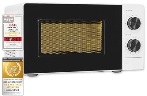 Exquisit Mikrowelle, 24,5 cm Drehteller, 20 Liter, 700 Watt, 5 Leistungsstufen, Timer, Auftaufunktion, klein, MW850-070 weiss