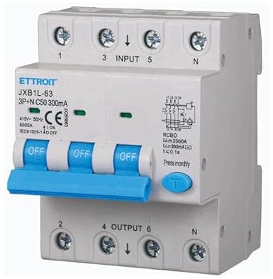 ETTROIT INTERRUTTORE MAGNETOTERMICO DIFFERENZIALE SALVAVITA PER BARRA DIN 4 MODULI 3P+N 380V 300mA 6KA (50A)