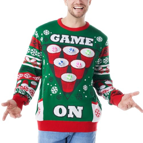 Giggling Getup Lustiger hässlicher Weihnachtspullover für Männer, Cheer-Pong-Spiel Weihnachts-hässlicher Pullover, Herren-hässlicher Pullover-Pullover Multi