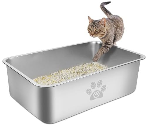 PTLOM Edelstahl Katzenklo, Große Katzentoilette aus Metall, Spritzwassergeschützt, Geruchsfrei und Antihaftbeschichtet, Katzenklo, Geeignet Für Große und Kleine Katzen, Kaninchen，59.5x39.5x15cm