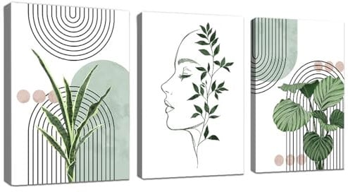 WENGTIAO 3 Pièces Boho Sage Vert Plantes Tableau Decoration Murale Encadré Toile Peinture Esthétique Ligne Géométrique Decoration Murale Salon Maison Deco Chambre Prêt à Accrocher 40x60cmx3