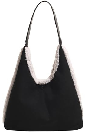 CORIOS Damen Wildleder Handtasche Lammwolle Schultertasche Kunstfell Flauschige Tote Beutel Große Plüsch Tragetasche Retro Henkeltaschen für Shopper Arbeit Reise Schwarz