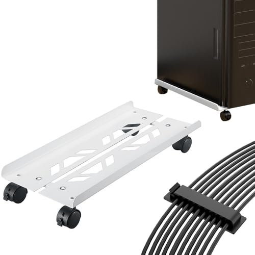 Niciksty Supporto per PC Case Stand, Supporto per PC Case con 4 Rotelle, Regolabile Computer CPU Holder con Autoadesivo Clip Cavo, Adatto alla Maggior Parte dei Computer, Bianco