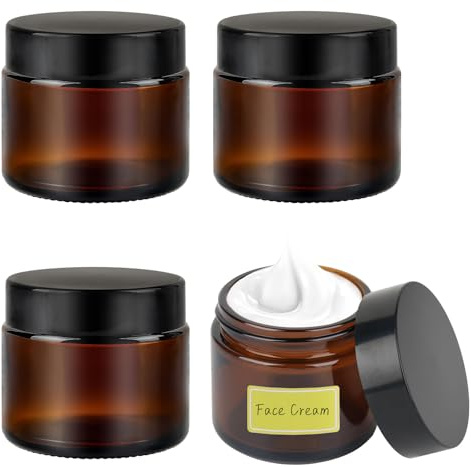 Lot de 4 bocaux vides en verre ambré de 60 ml avec couvercles et doublures intérieures, pots de voyage avec spatule et étiquettes pour articles de toilette, cosmétiques, poudre, lotion, crèmes